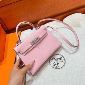3Q Rose Sakura Mini Kelly 19CM Chever Leather Silver Hardware Full Handmade