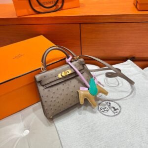 M8 Gris Aslhalte Mini Kelly 19CM KK Ostrich Leather Gold Hardware Full Handmade