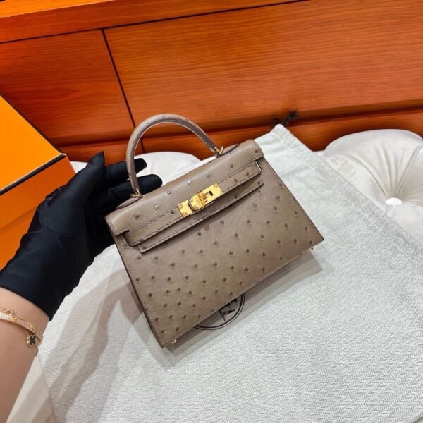 M8 Gris Aslhalte Mini Kelly 19CM KK Ostrich Leather Gold Hardware Full Handmade