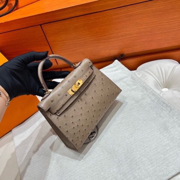 M8 Gris Aslhalte Mini Kelly 19CM KK Ostrich Leather Gold Hardware Full Handmade