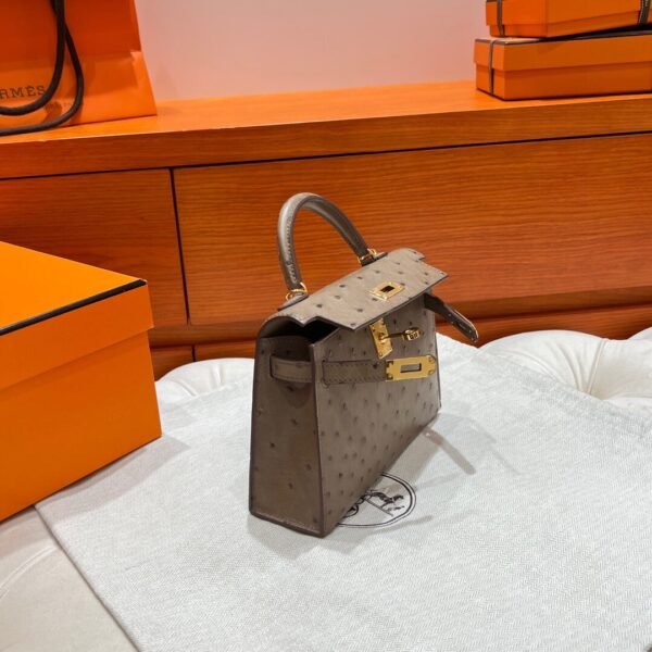 M8 Gris Aslhalte Mini Kelly 19CM KK Ostrich Leather Gold Hardware Full Handmade