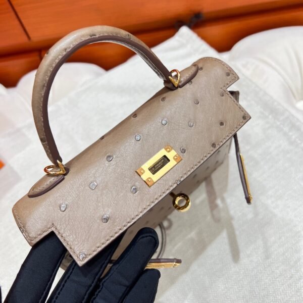 M8 Gris Aslhalte Mini Kelly 19CM KK Ostrich Leather Gold Hardware Full Handmade