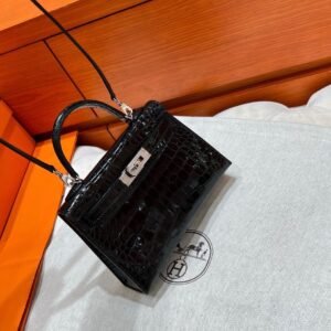 CK89 Nior / Black Mini Kelly 19CM HCP Alligator Crocodile Leather Silver Hardware Full Handmade