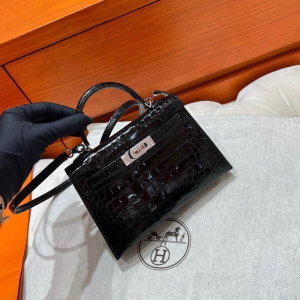 CK89 Nior / Black Mini Kelly 19CM HCP Alligator Crocodile Leather Silver Hardware Full Handmade