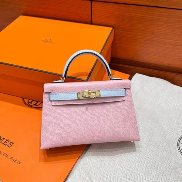3Q Rose Sakura / To Blue Brume Mini Kelly 19CM Chever Leather Gold Hardware Full Handmade