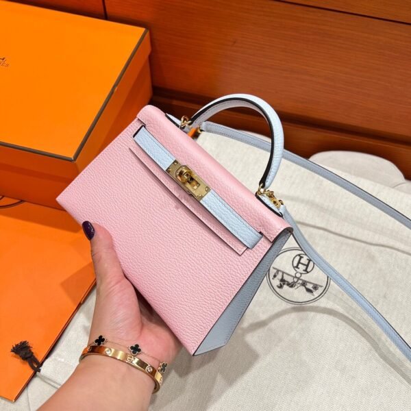 3Q Rose Sakura / To Blue Brume Mini Kelly 19CM Chever Leather Gold Hardware Full Handmade