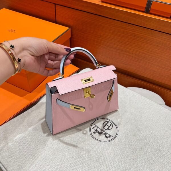 3Q Rose Sakura / To Blue Brume Mini Kelly 19CM Chever Leather Gold Hardware Full Handmade