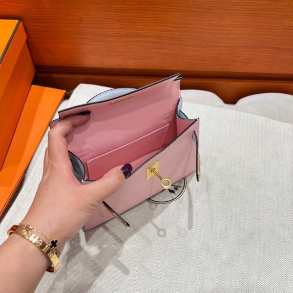 3Q Rose Sakura / To Blue Brume Mini Kelly 19CM Chever Leather Gold Hardware Full Handmade