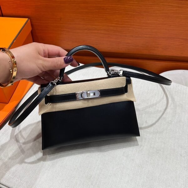 CK89 Black Mini Kelly 19CM Box Leather Silver Hardware Full Handmade