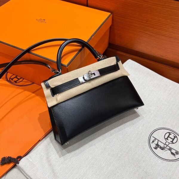 CK89 Black Mini Kelly 19CM Box Leather Silver Hardware Full Handmade