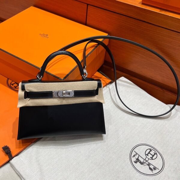 CK89 Black Mini Kelly 19CM Box Leather Silver Hardware Full Handmade