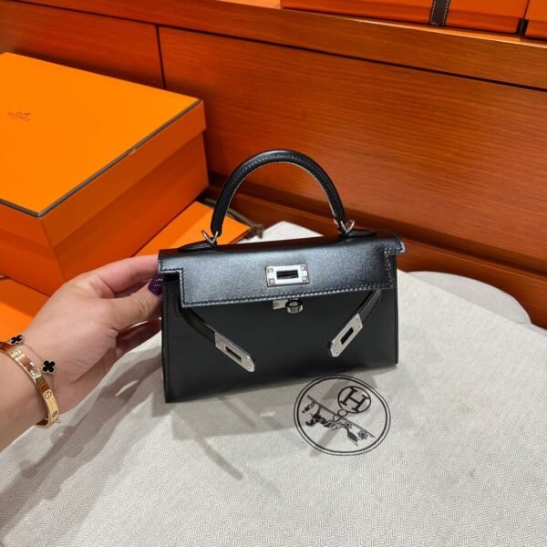 CK89 Black Mini Kelly 19CM Box Leather Silver Hardware Full Handmade