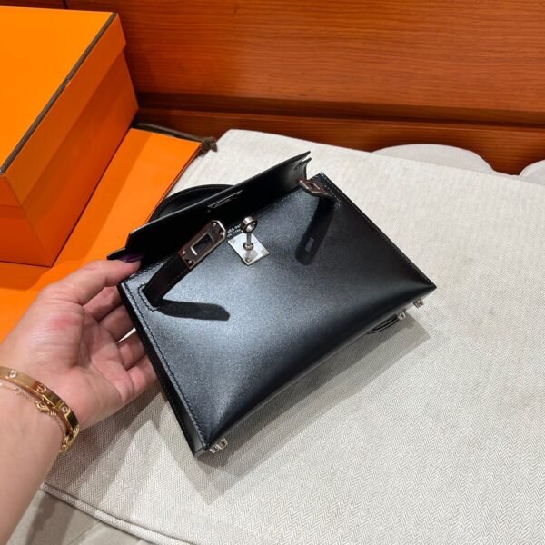 CK89 Black Mini Kelly 19CM Box Leather Silver Hardware Full Handmade