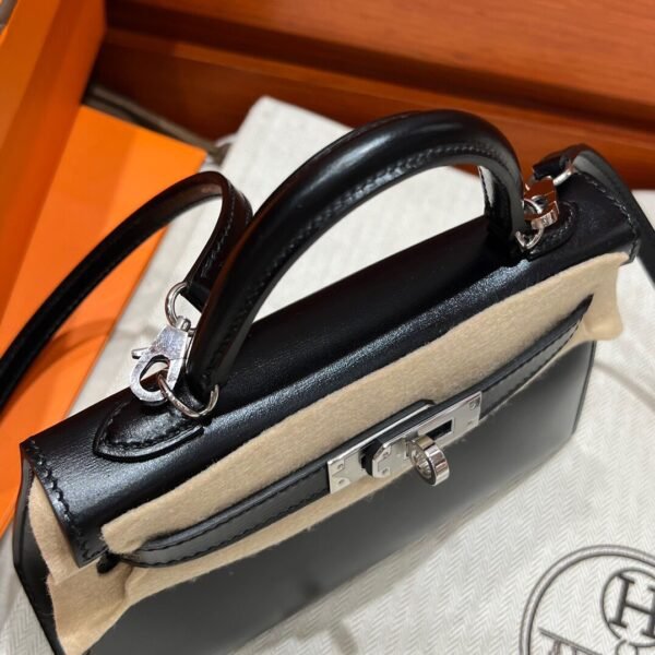 CK89 Black Mini Kelly 19CM Box Leather Silver Hardware Full Handmade