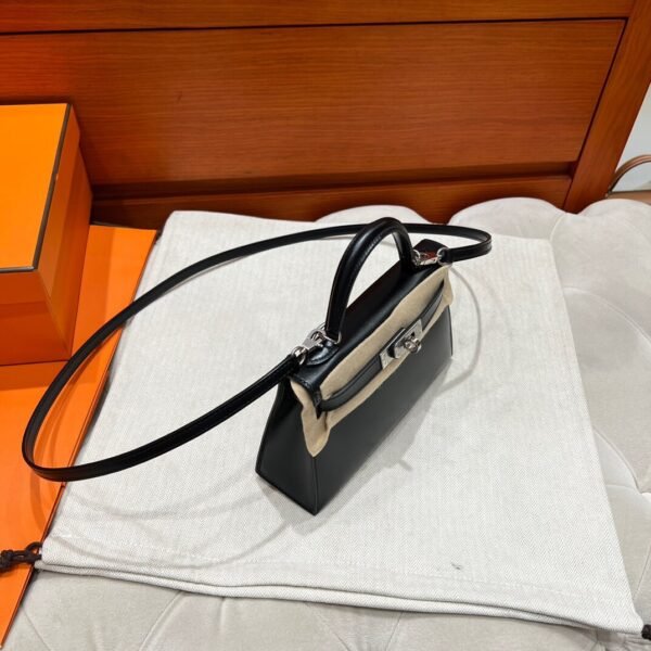 CK89 Black Mini Kelly 19CM Box Leather Silver Hardware Full Handmade