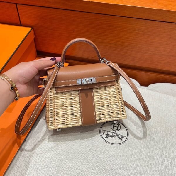 CK37 Gold Mini Kelly Picnic 19CM Barenia / Wicker Silver Hardware Full Handmade