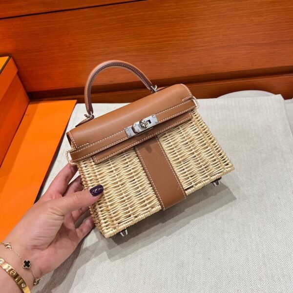 CK37 Gold Mini Kelly Picnic 19CM Barenia / Wicker Silver Hardware Full Handmade