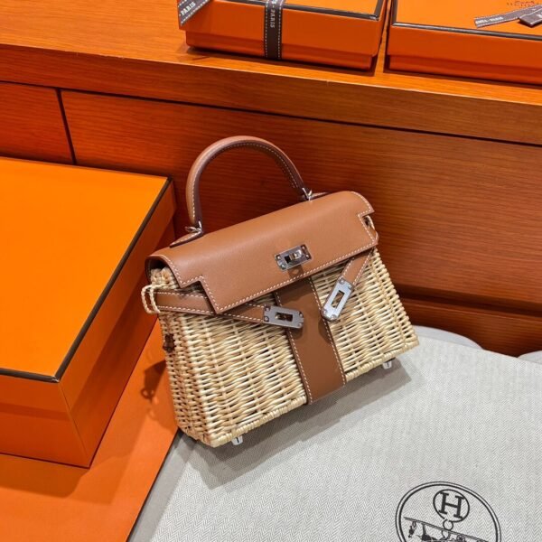 CK37 Gold Mini Kelly Picnic 19CM Barenia / Wicker Silver Hardware Full Handmade